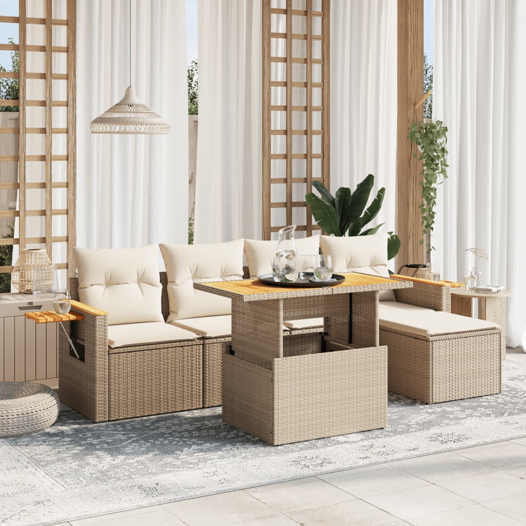 vidaXL 6-tlg. Garten-Sofagarnitur mit Kissen Beige Poly Rattan