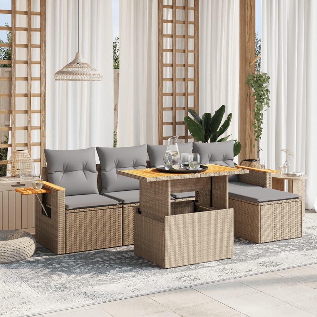 vidaXL 6-tlg. Garten-Sofagarnitur mit Kissen Beige Poly Rattan