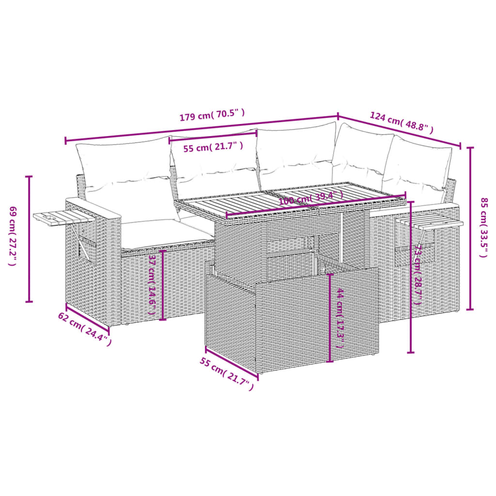 vidaXL 5-delige Loungeset met kussens poly rattan zwart afbeelding