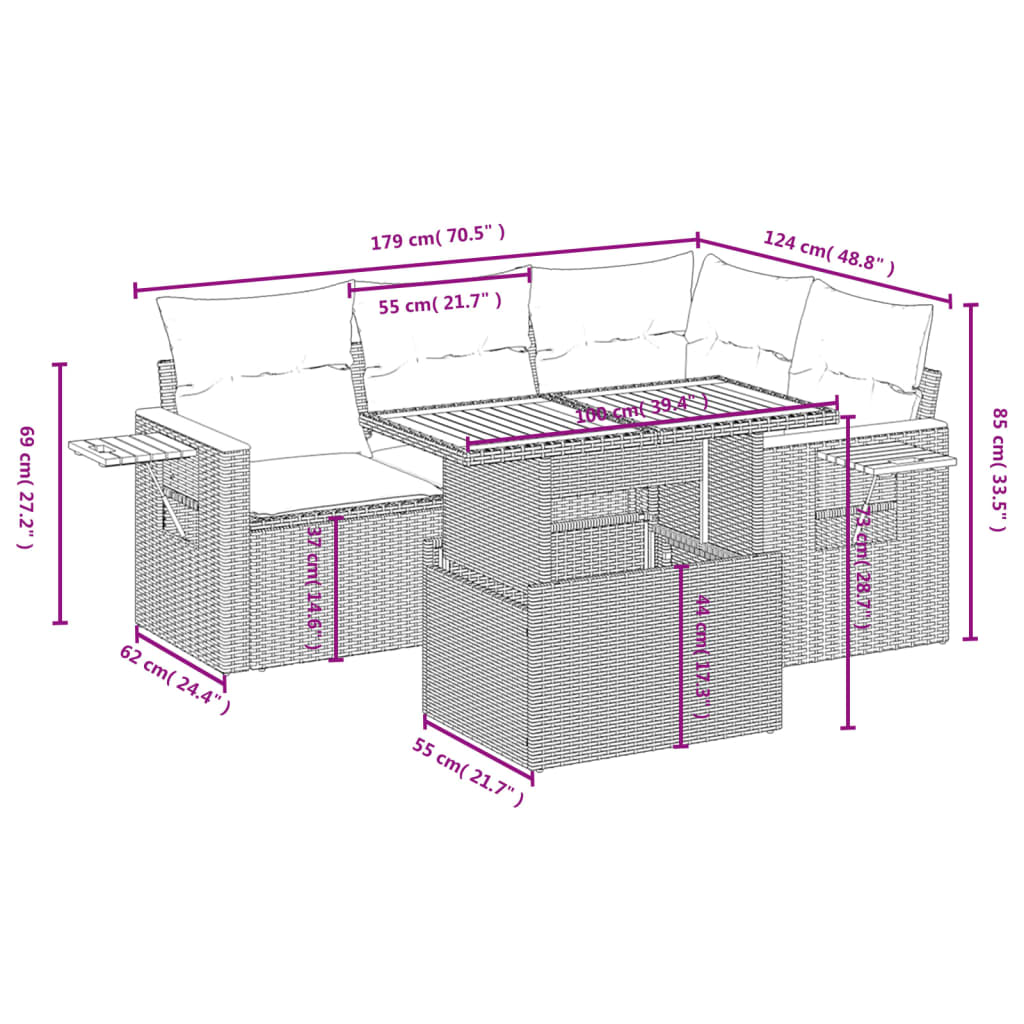 Thumbnail - vidaXL 5-tlg. Garten-Sofagarnitur mit Kissen Beige Poly Rattan