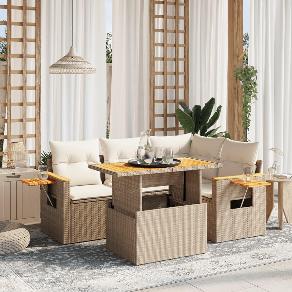 vidaXL 5-tlg. Garten-Sofagarnitur mit Kissen Beige Poly Rattan