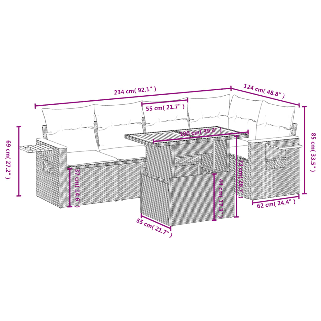 vidaXL 6-delige Loungeset met kussens poly rattan beige afbeelding