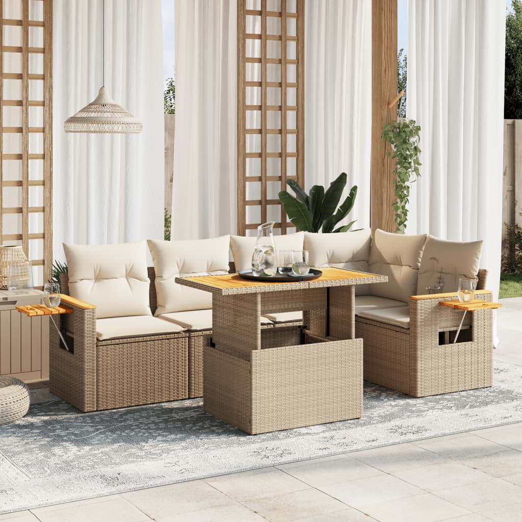 vidaXL 6-tlg. Garten-Sofagarnitur mit Kissen Beige Poly Rattan