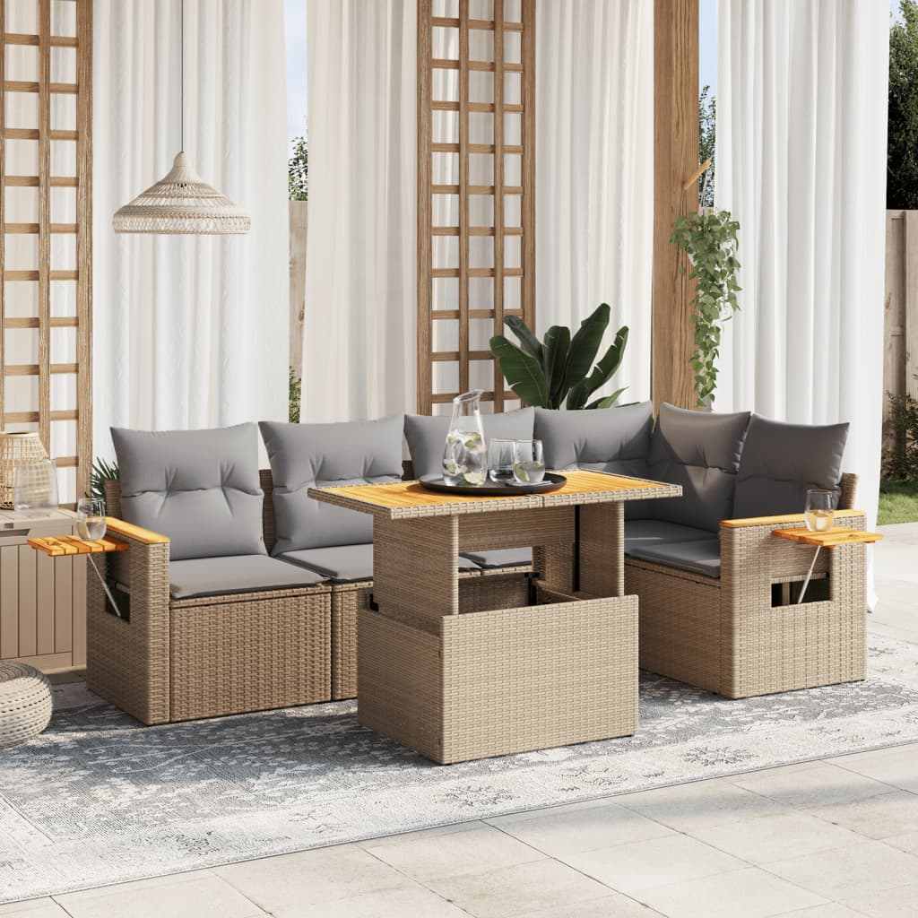 vidaXL 6-tlg. Garten-Sofagarnitur mit Kissen Beige Poly Rattan