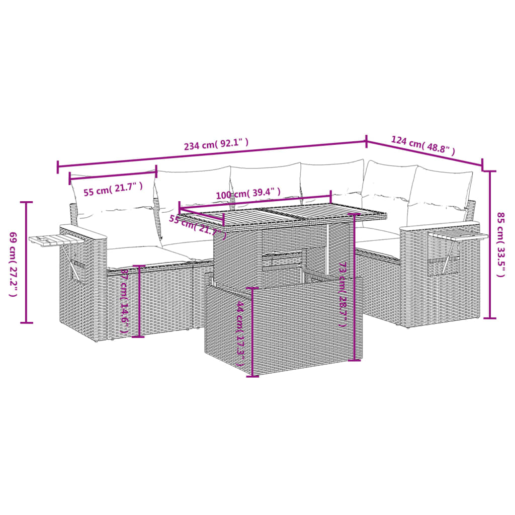 vidaXL 6-delige Loungeset met kussens poly rattan grijs afbeelding