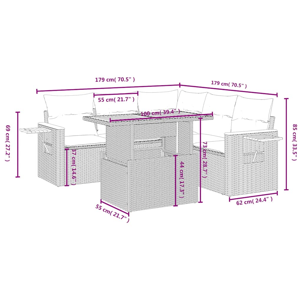 Set mobilier de grădină cu perne, 6 piese, negru, poliratan 3273512 - imagine 3