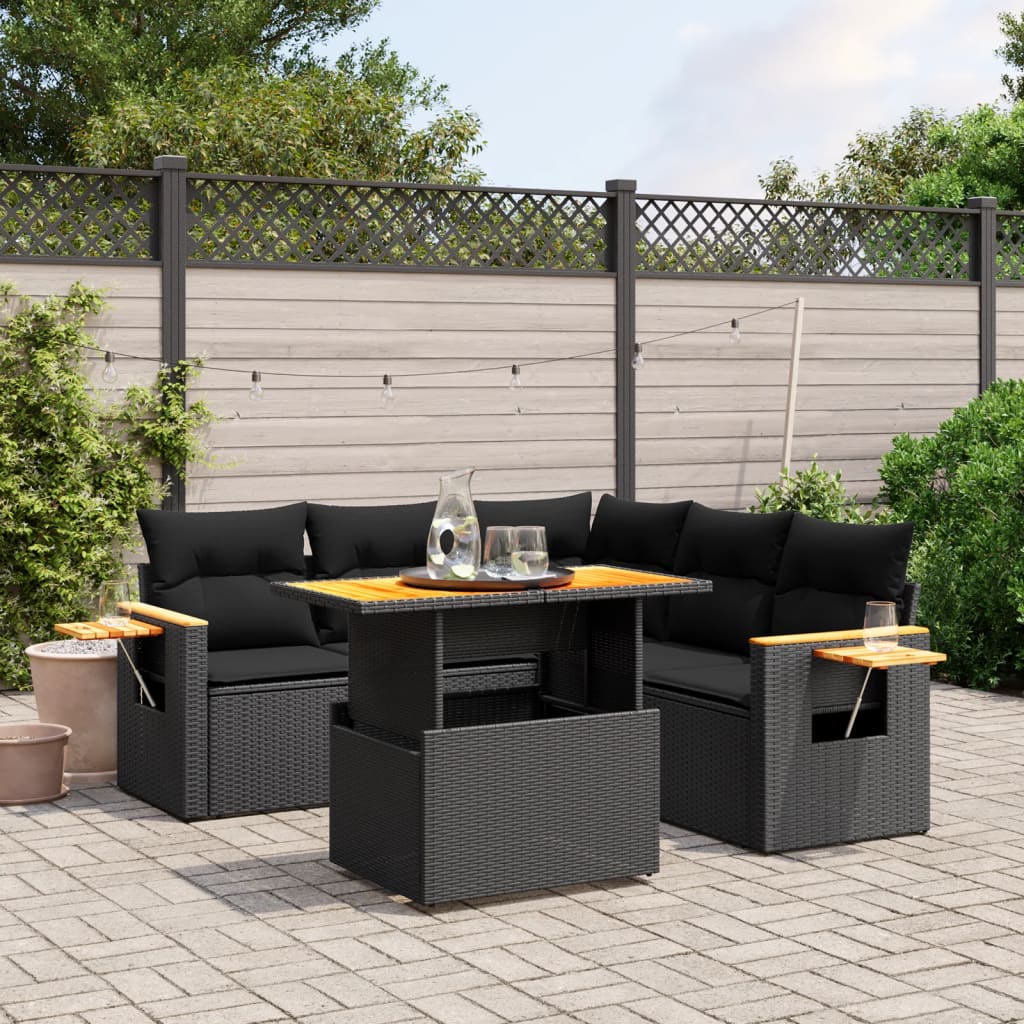 6-tlg. Garten-Sofagarnitur mit Kissen Schwarz Poly Rattan