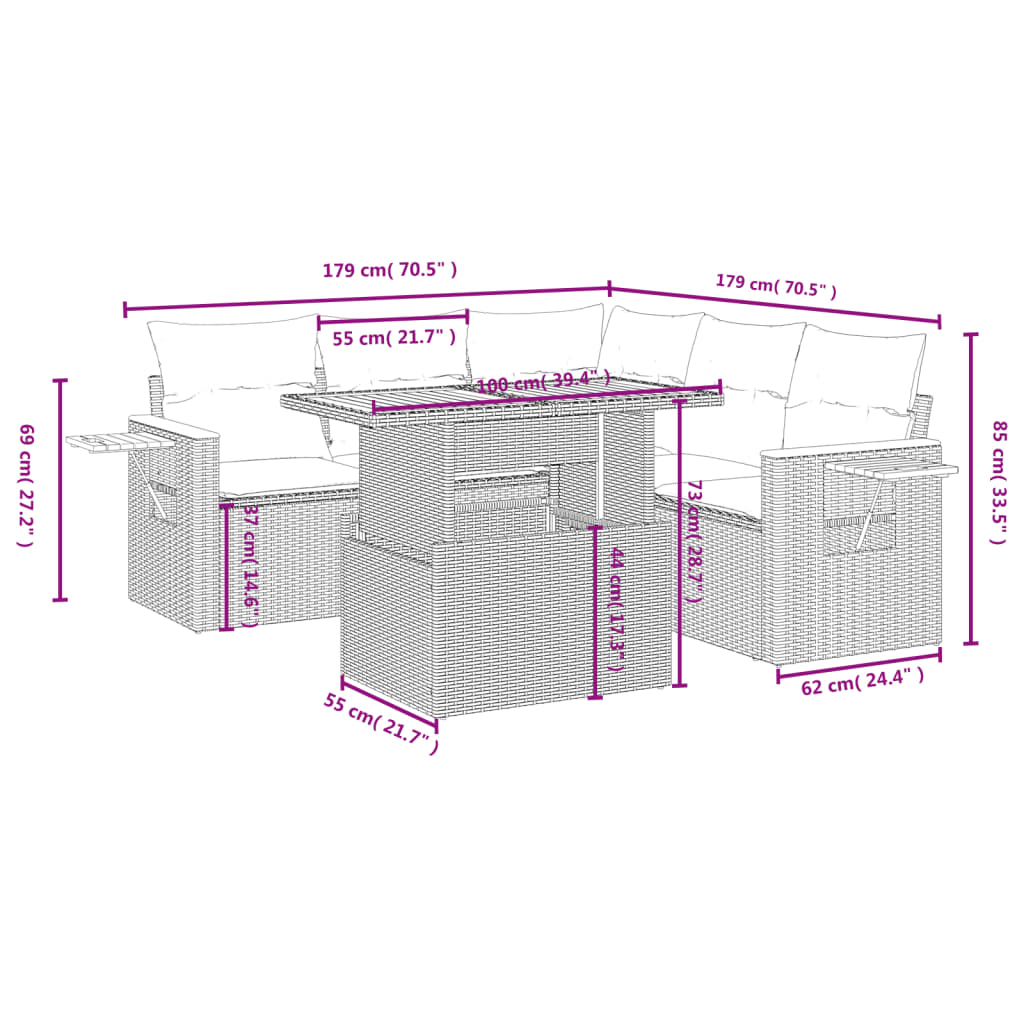 vidaXL 6-delige Loungeset met kussens poly rattan beige afbeelding