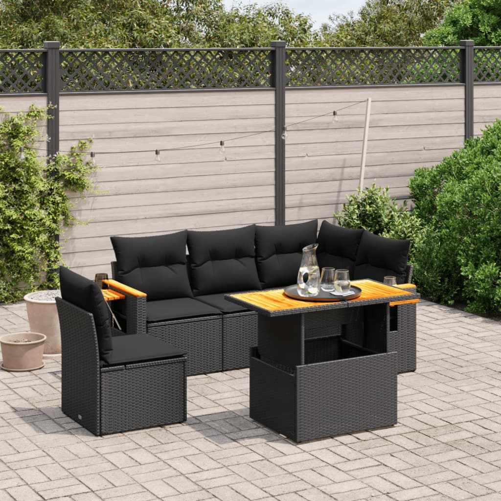 vidaXL 6-tlg. Garten-Sofagarnitur mit Kissen Schwarz Poly Rattan