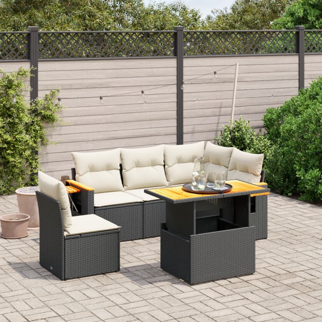 6-tlg. Garten-Sofagarnitur mit Kissen Schwarz Poly Rattan