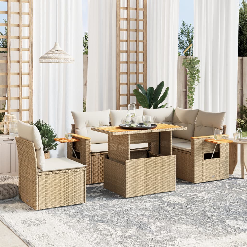 vidaXL 6-tlg. Garten-Sofagarnitur mit Kissen Beige Poly Rattan