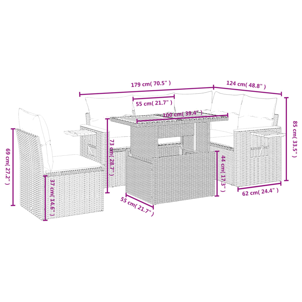 Set mobilier grădină cu perne, 6 piese, gri, poliratan 3273524 - imagine 3