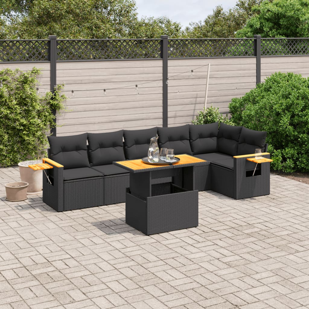 vidaXL 7-tlg. Garten-Sofagarnitur mit Kissen Schwarz Poly Rattan