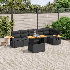 Vrtna sedežna garnitura 7-delna z blazinami črn poli ratan