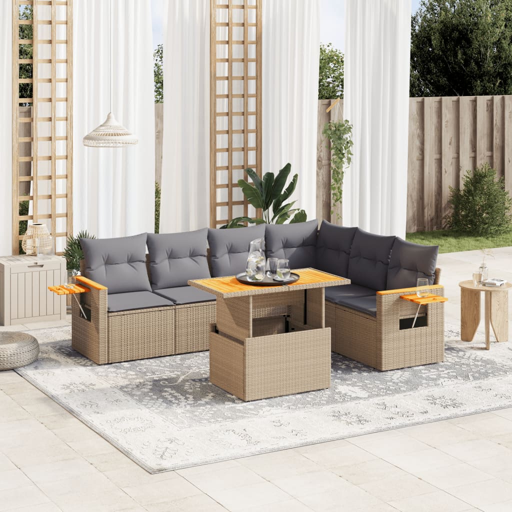 vidaXL 7-tlg. Garten-Sofagarnitur mit Kissen Beige Poly Rattan