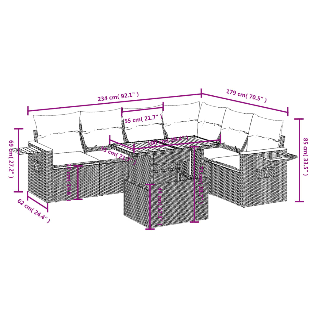 vidaXL 7-delige Loungeset met kussens poly rattan grijs afbeelding