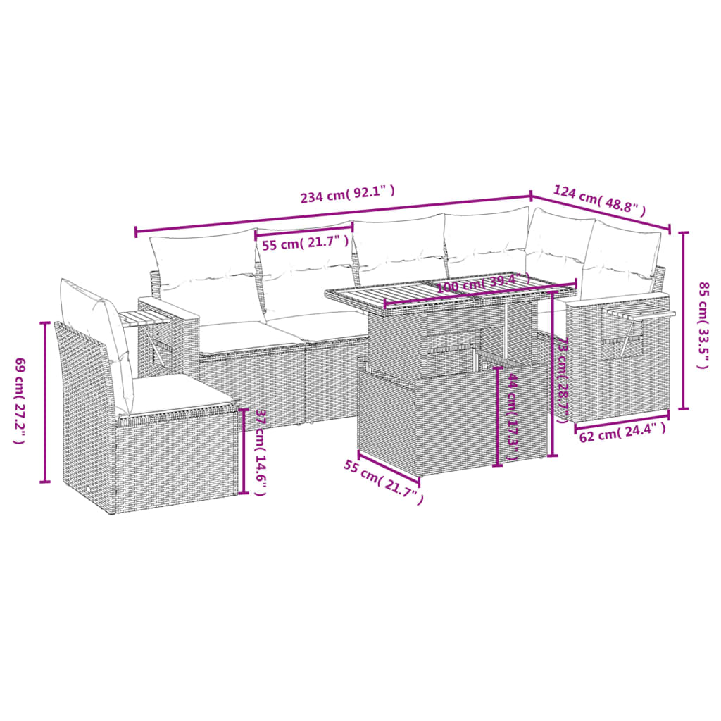 vidaXL 7-delige Loungeset met kussens poly rattan zwart afbeelding