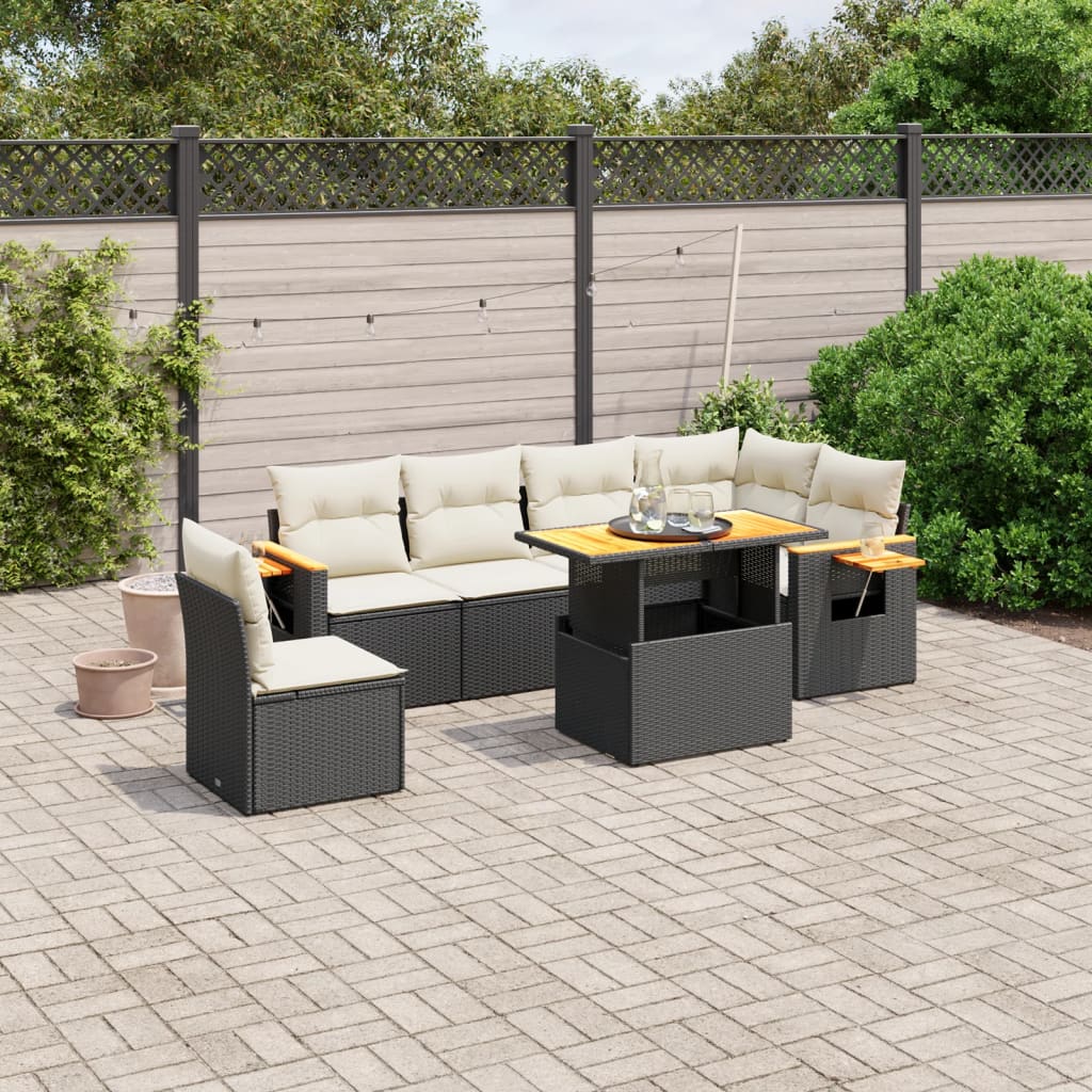 vidaXL 7-tlg. Garten-Sofagarnitur mit Kissen Schwarz Poly Rattan