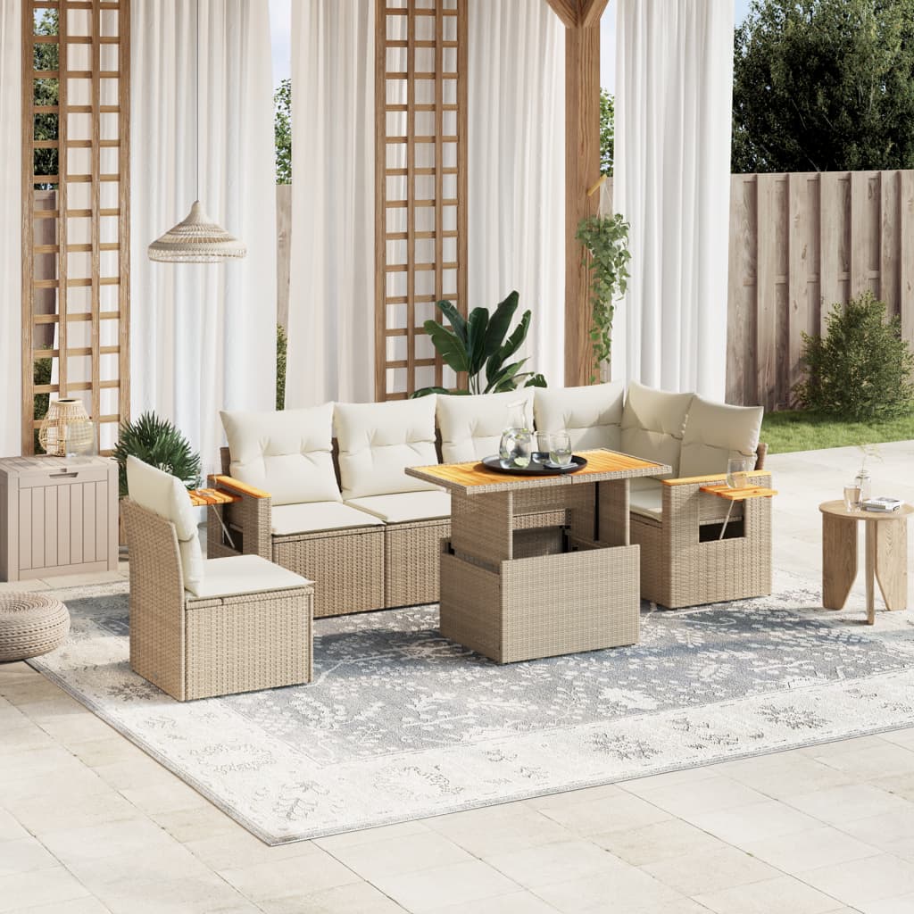 vidaXL 7-tlg. Garten-Sofagarnitur mit Kissen Beige Poly Rattan