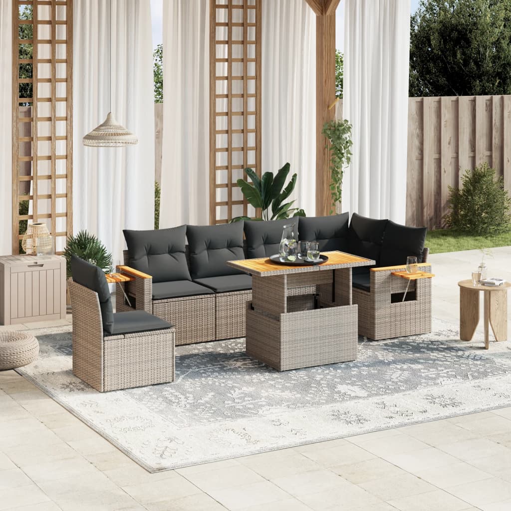 vidaXL 7-tlg. Garten-Sofagarnitur mit Kissen Grau Poly Rattan