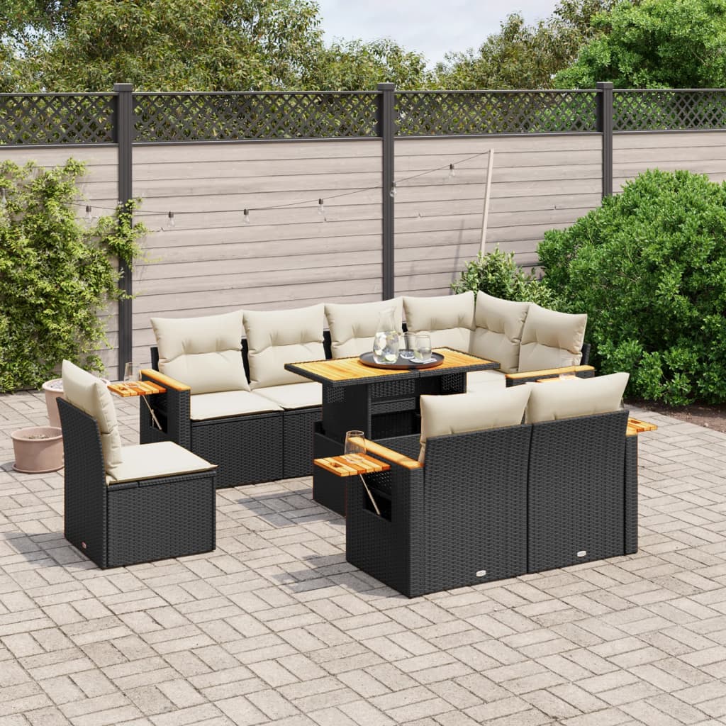 vidaXL 9-tlg. Garten-Sofagarnitur mit Kissen Schwarz Poly Rattan