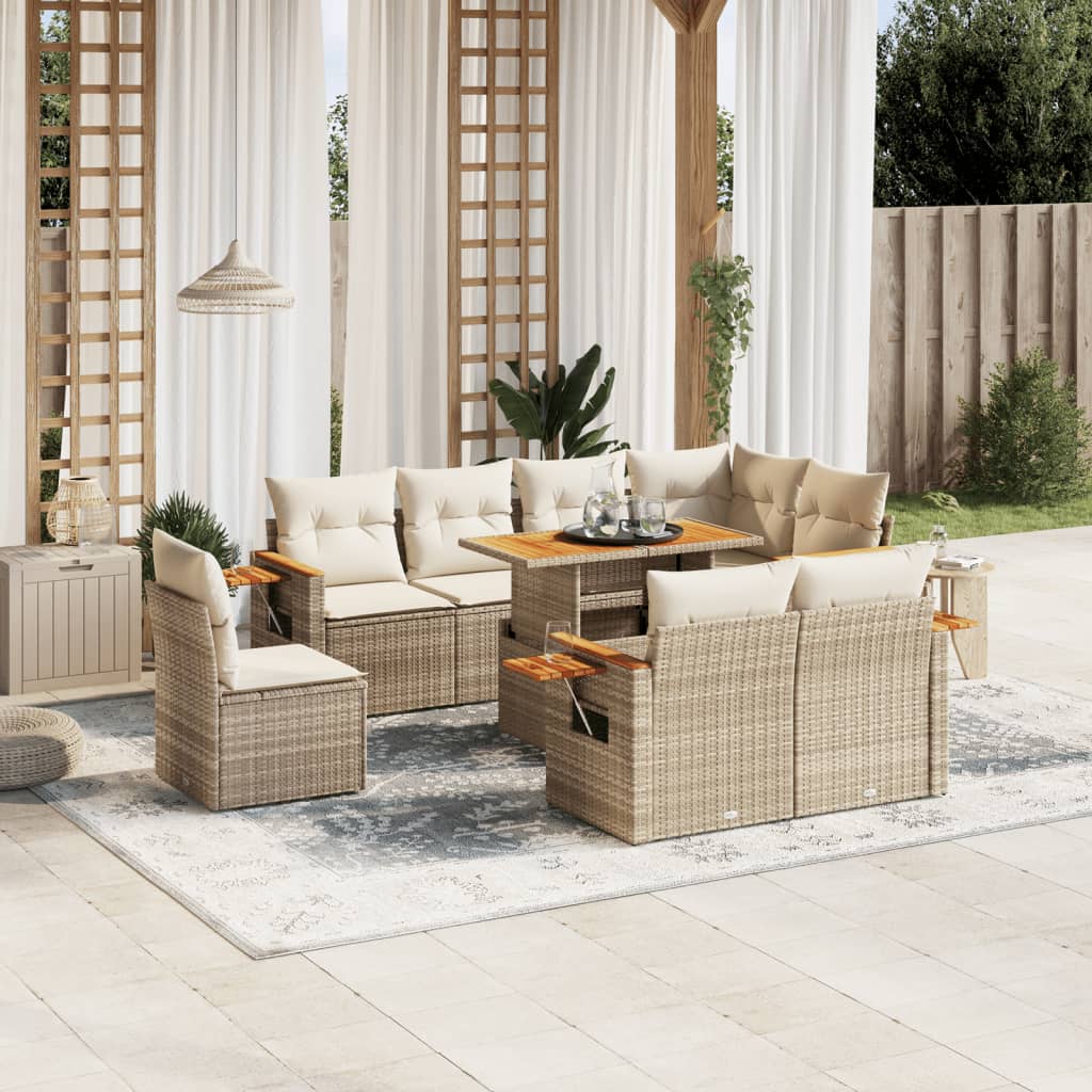 vidaXL 9-tlg. Garten-Sofagarnitur mit Kissen Beige Poly Rattan