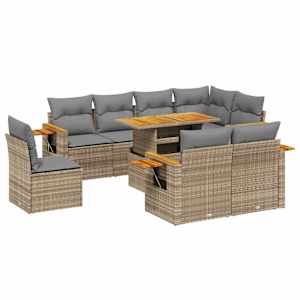 Vrtna garnitura 9-delna z blazinami bež poli ratan - slika 2