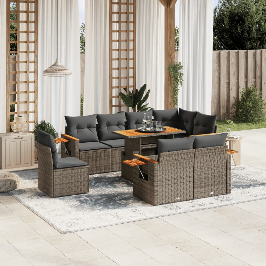 vidaXL 9-tlg. Garten-Sofagarnitur mit Kissen Grau Poly Rattan