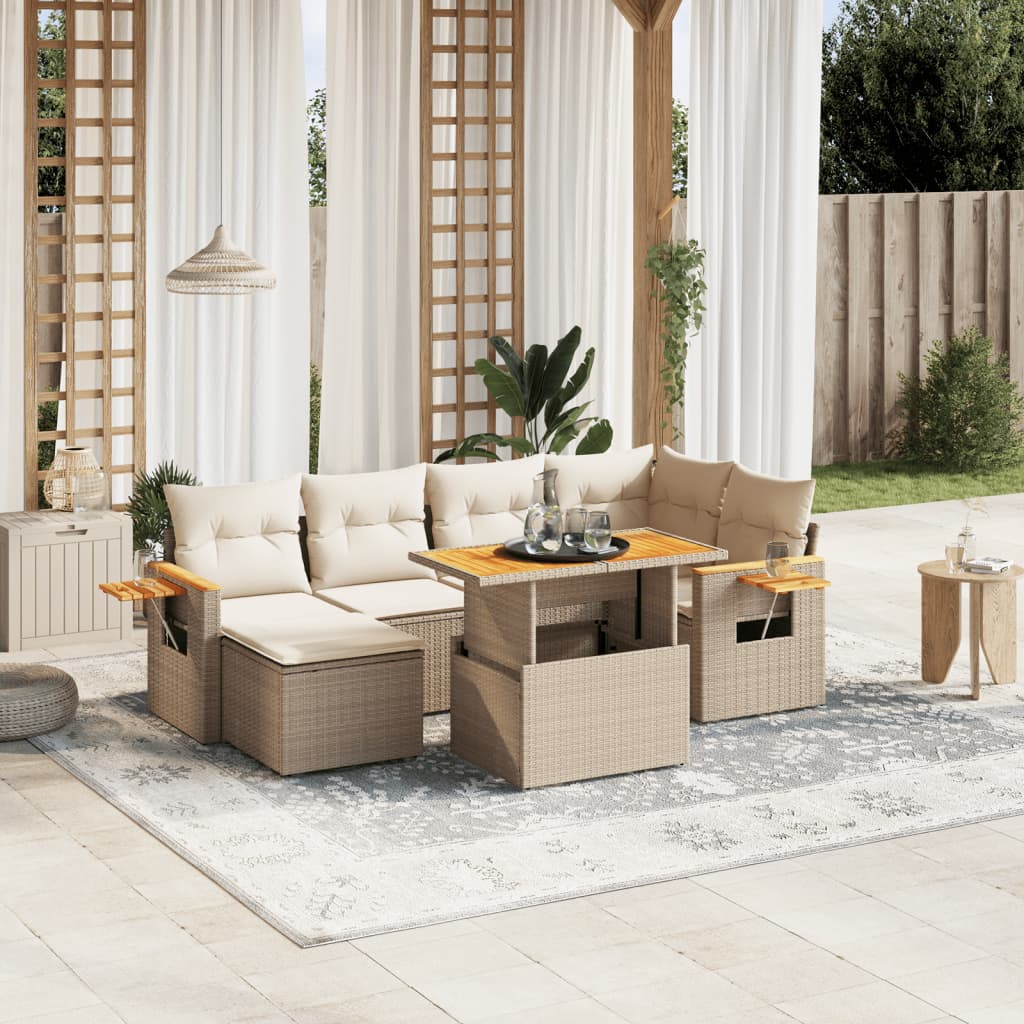 vidaXL 7-tlg. Garten-Sofagarnitur mit Kissen Beige Poly Rattan