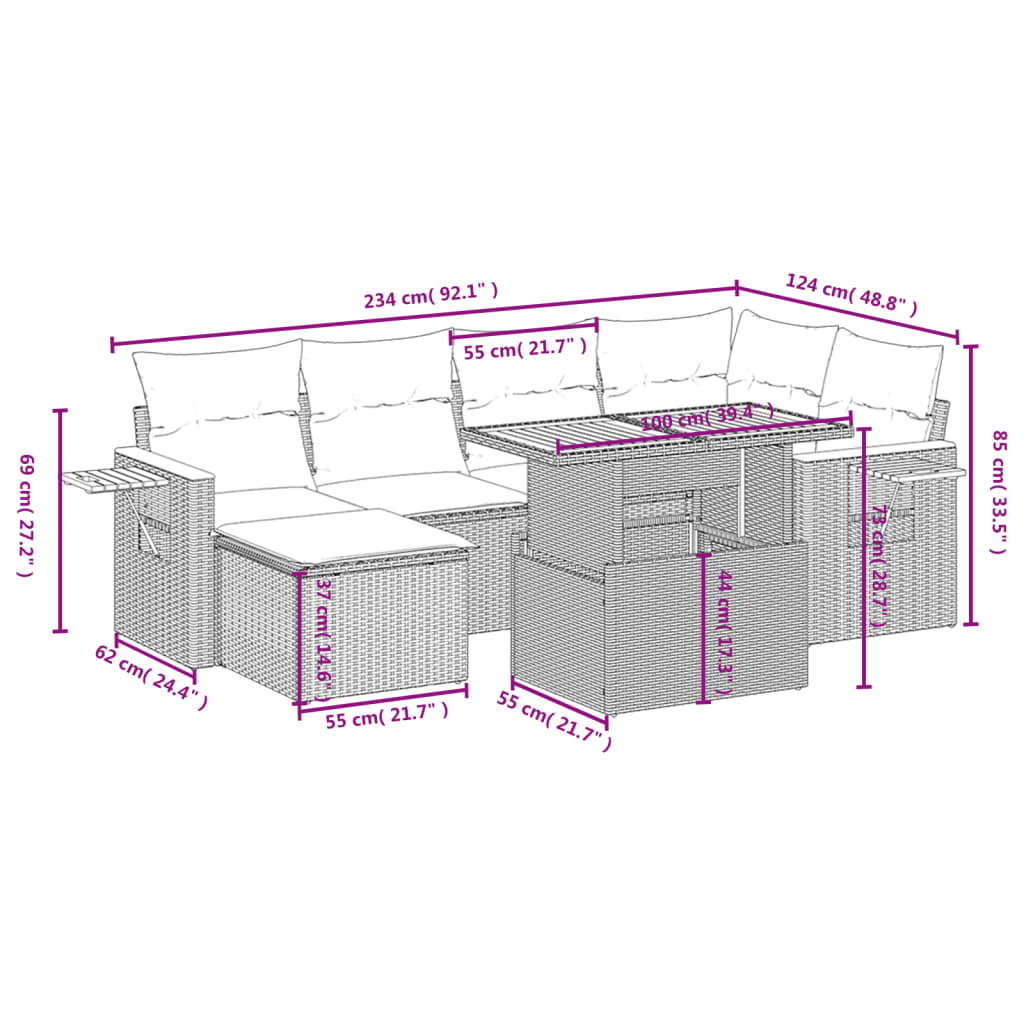 vidaXL 7-delige Loungeset met kussens poly rattan grijs afbeelding