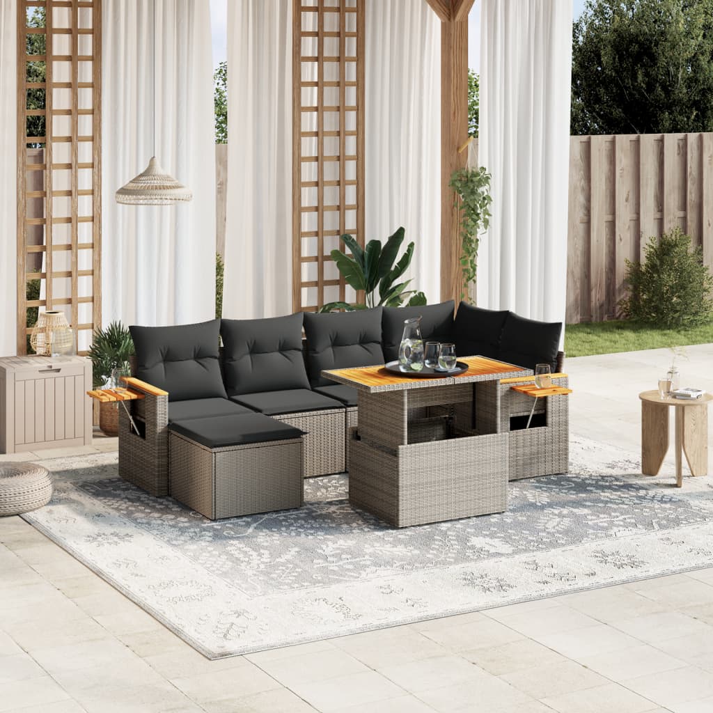 vidaXL 7-tlg. Garten-Sofagarnitur mit Kissen Grau Poly Rattan