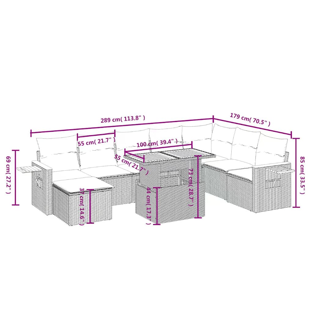 Set mobilier de grădină cu perne, 9 piese, negru, poliratan 3273652 - imagine 3