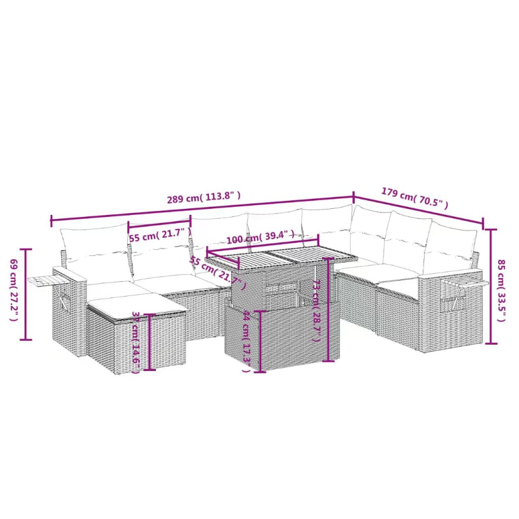 vidaXL 9 részes bézs polyrattan kerti ülőgarnitúra párnákkal