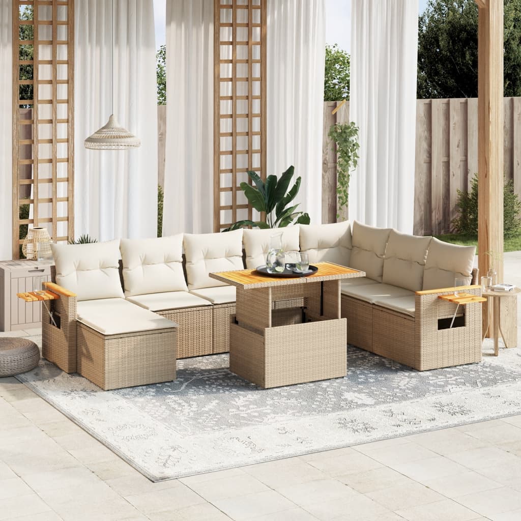 vidaXL 9-tlg. Garten-Sofagarnitur mit Kissen Beige Poly Rattan