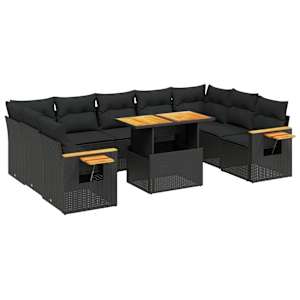 vidaXL 10-osaline aiadiivani komplekt patjadega, must, pol&uuml;rotang