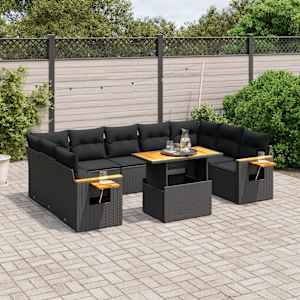 Vrtna sedežna garnitura 10-delna z blazinami črn poli ratan