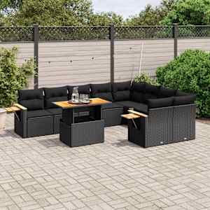 Vrtna sedežna garnitura 10-delna z blazinami črn poli ratan