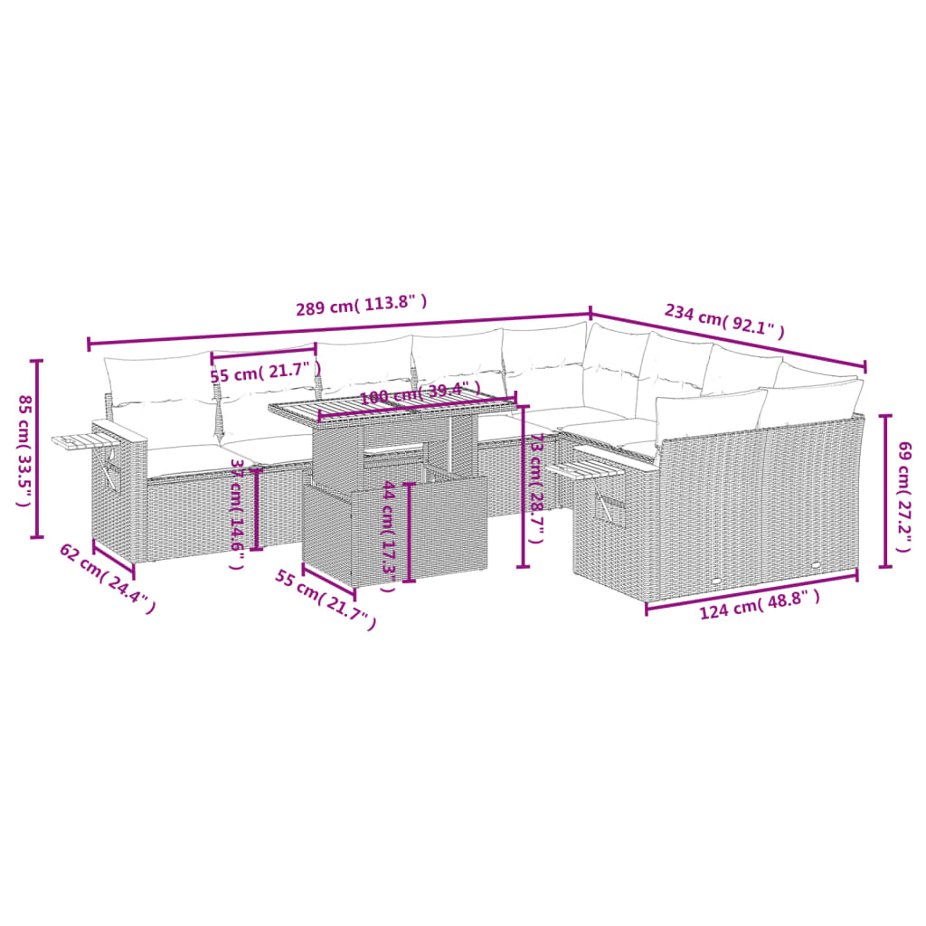 vidaXL 10-delige Loungeset met kussens poly rattan grijs afbeelding