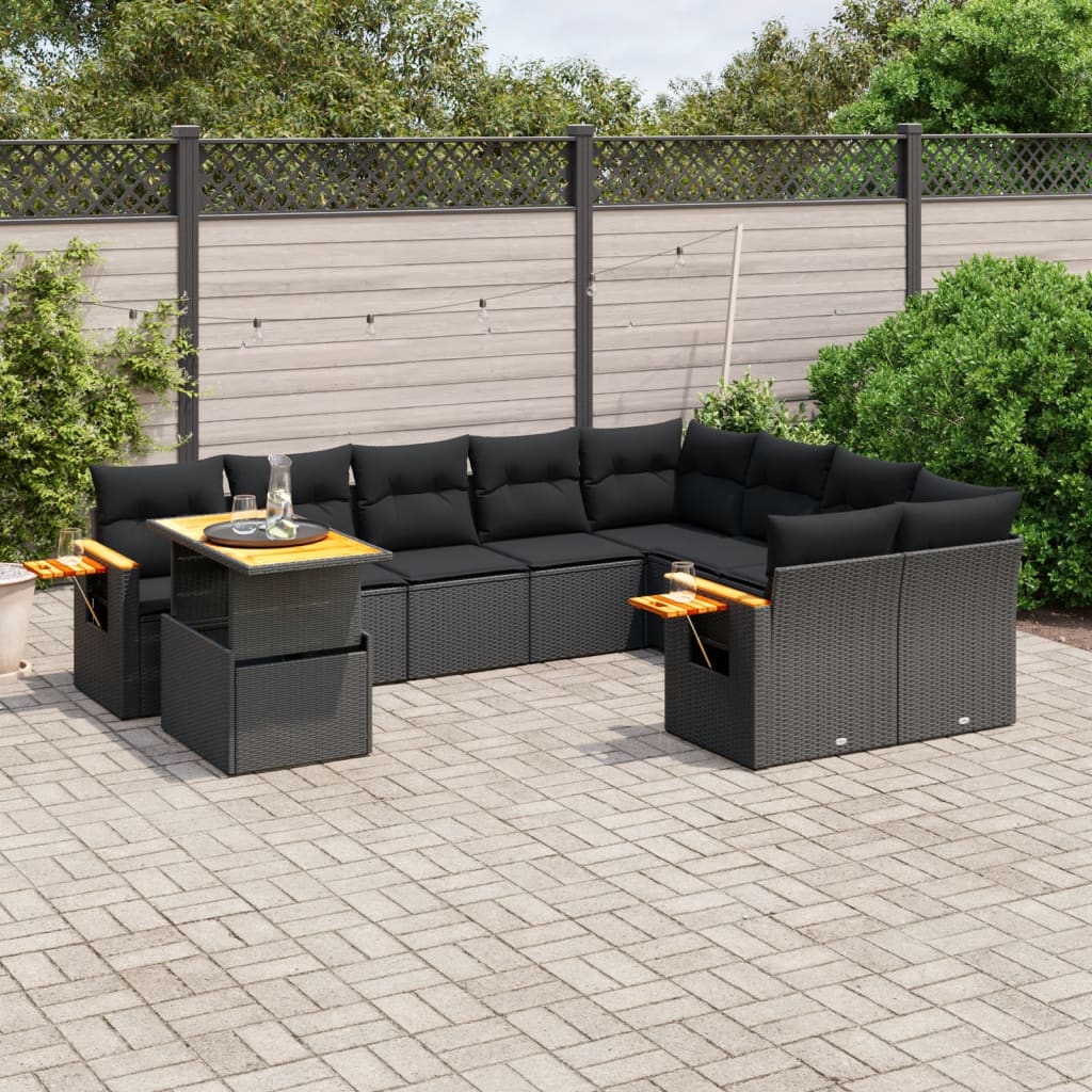 vidaXL 10-tlg. Garten-Sofagarnitur mit Kissen Schwarz Poly Rattan