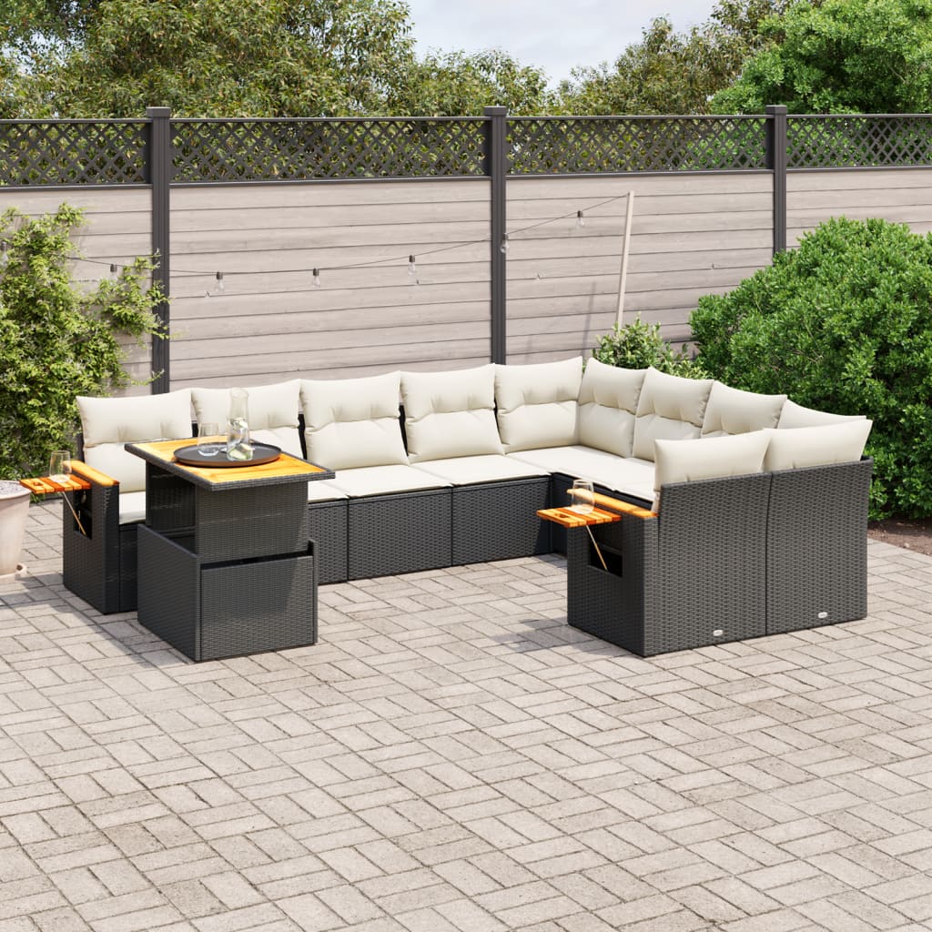 vidaXL 10-tlg. Garten-Sofagarnitur mit Kissen Schwarz Poly Rattan