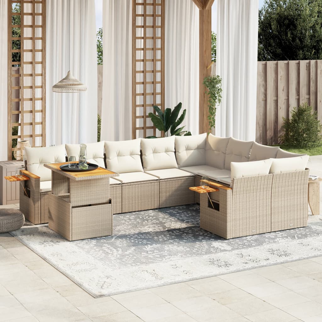 vidaXL 10-tlg. Garten-Sofagarnitur mit Kissen Beige Poly Rattan