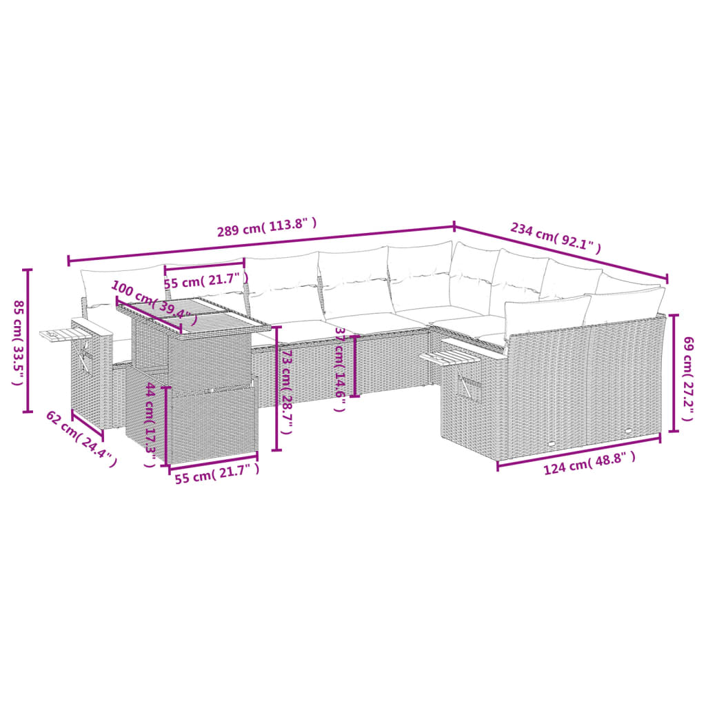 Set mobilier de grădină cu perne, 10 piese, gri, poliratan 3273685 - imagine 3