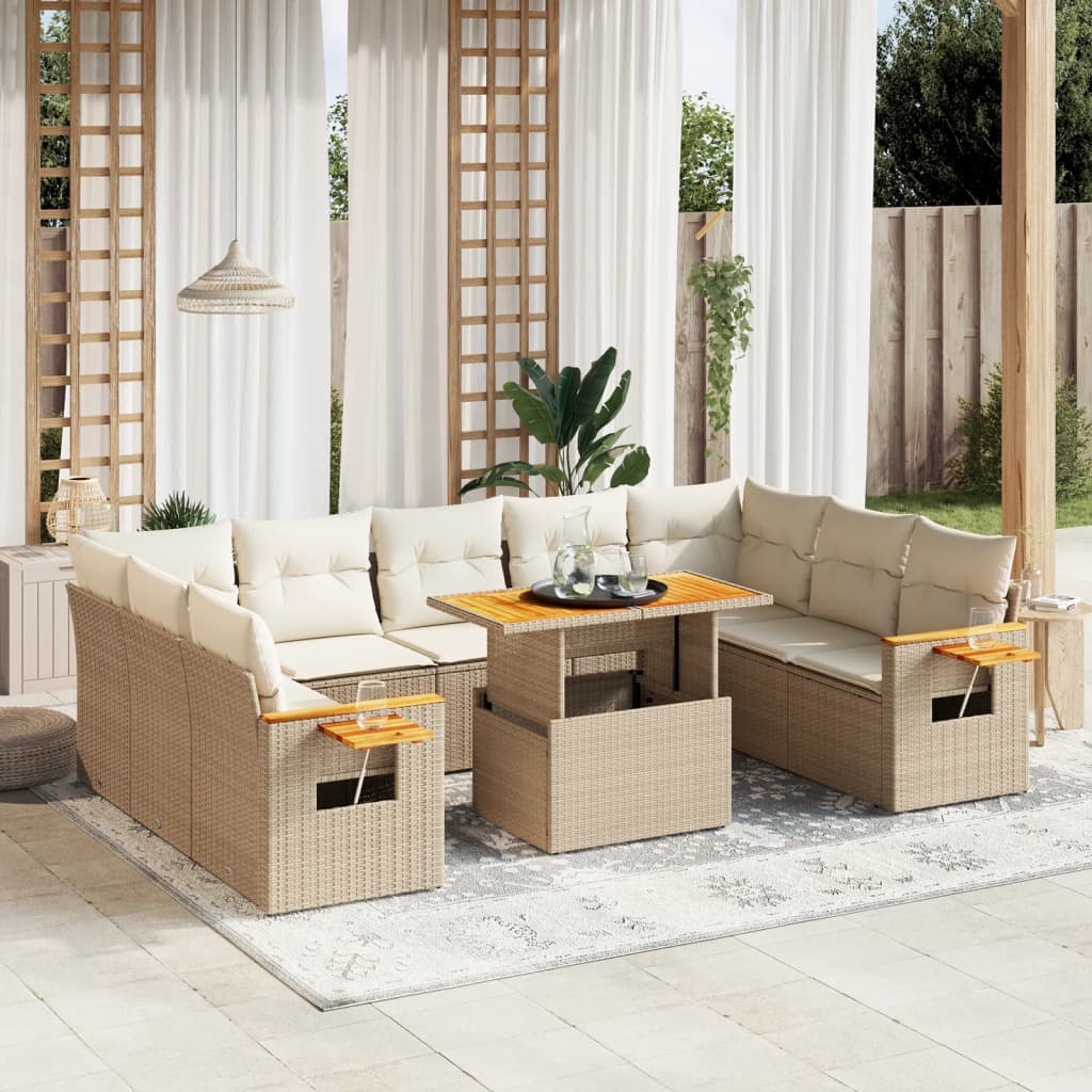 vidaXL 11-tlg. Garten-Sofagarnitur mit Kissen Beige Poly Rattan