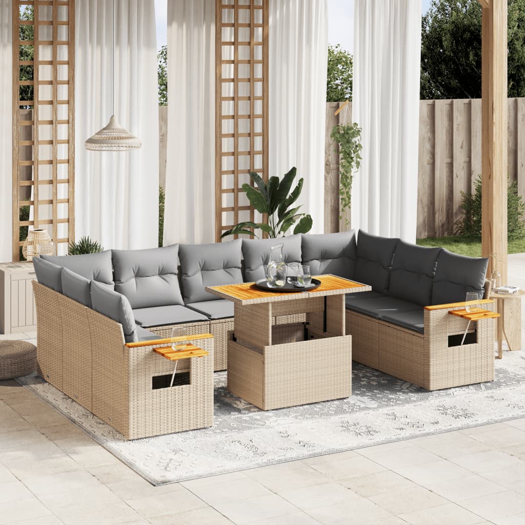 vidaXL 11-tlg. Garten-Sofagarnitur mit Kissen Beige Poly Rattan