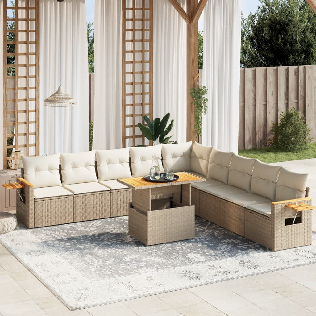 vidaXL 11-tlg. Garten-Sofagarnitur mit Kissen Beige Poly Rattan