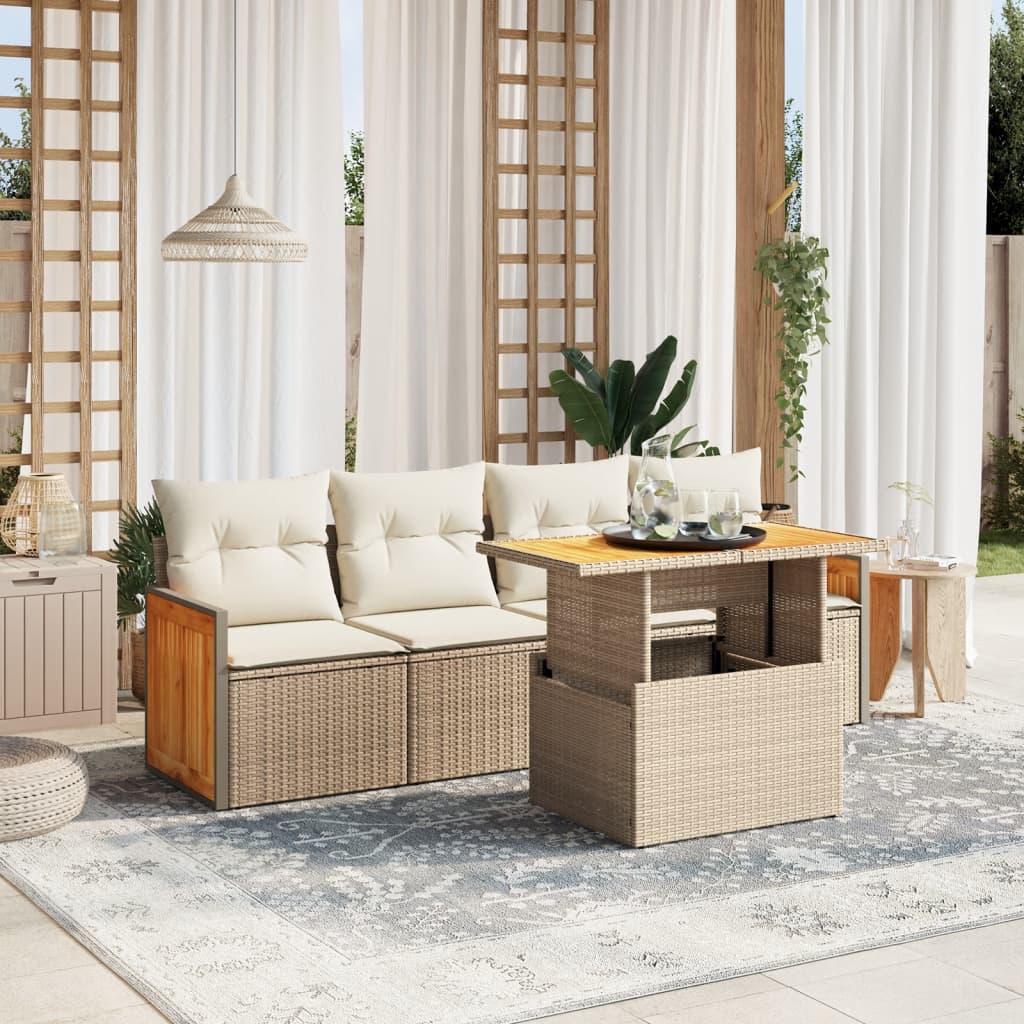 vidaXL 5-tlg. Garten-Sofagarnitur mit Kissen Beige Poly Rattan