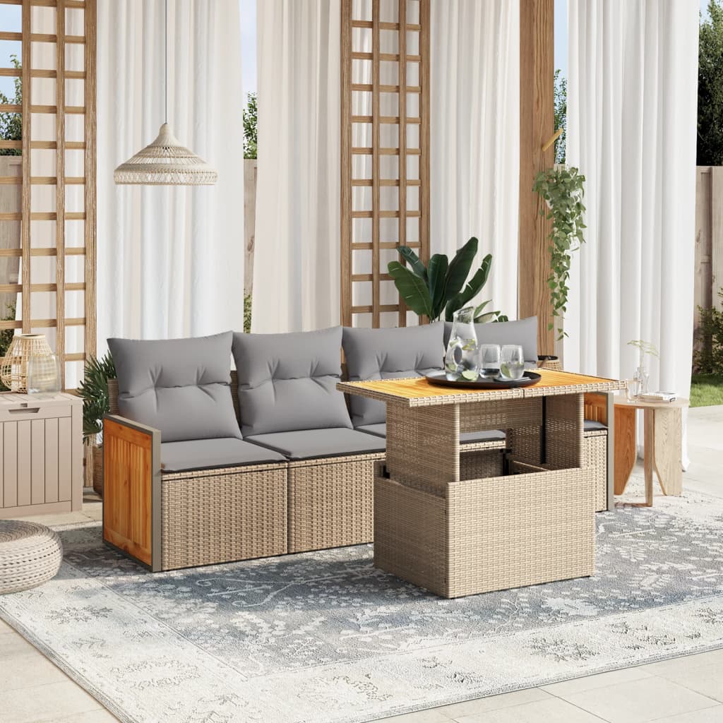 vidaXL 5-tlg. Garten-Sofagarnitur mit Kissen Beige Poly Rattan