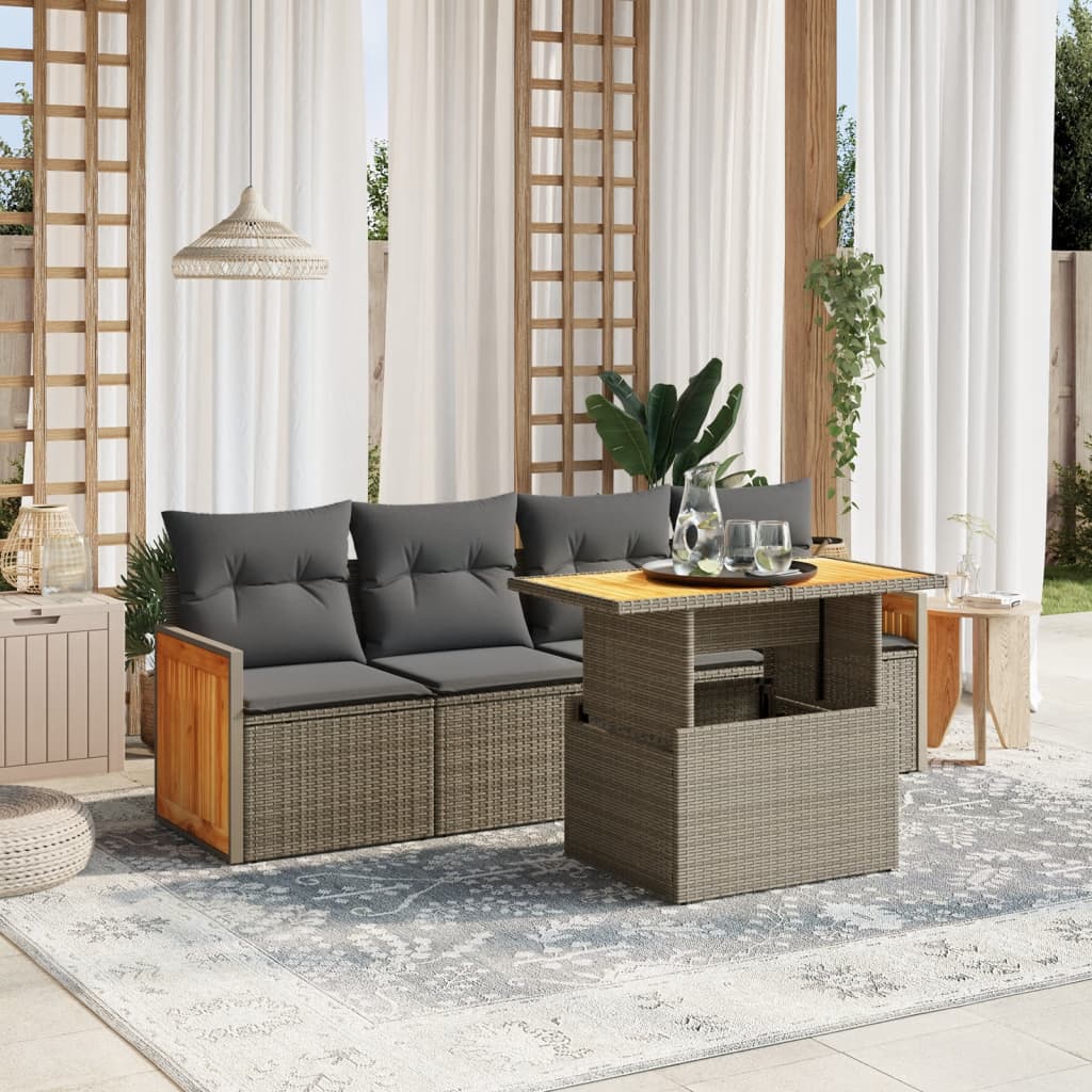 vidaXL Set canapea de grădină cu perne, 5 piese, gri, poliratan