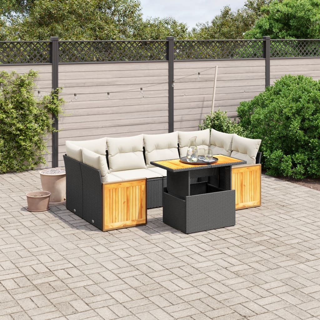 vidaXL 7-tlg. Garten-Sofagarnitur mit Kissen Schwarz Poly Rattan