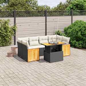 Vrtna sedežna garnitura 7-delna z blazinami črn poli ratan